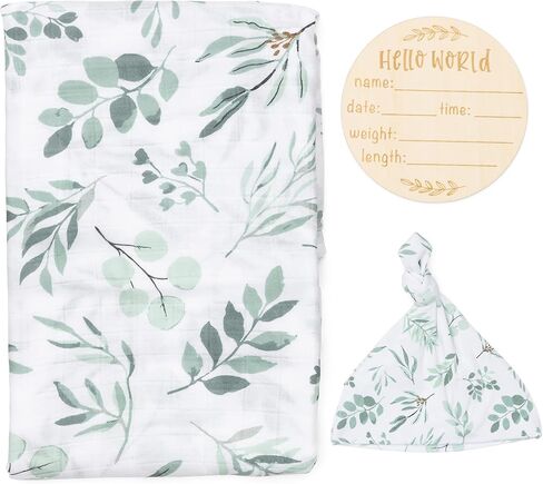 Organic Muslin Swaddle Blanket and Hat Set for Baby Girl or Boy - Soft Organic Cotton and Natural Bamboo Swaddling Blanket with Hello World Birth Announcement Card, Boho Sun, 47" X 47" in Kuwait