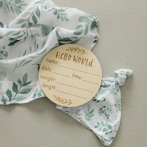 Organic Muslin Swaddle Blanket and Hat Set for Baby Girl or Boy - Soft Organic Cotton and Natural Bamboo Swaddling Blanket with Hello World Birth Announcement Card, Boho Sun, 47" X 47" in Kuwait