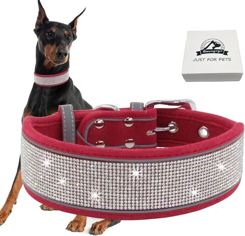 Diamond Dog Collar for Females Girls,Soft Velvet Leather with Bling Fancy Sparkly Crystal Rhinestones,Reflective Stripe,Suit Medium Large Dogs Doberman (Green, M) in Saudi Arabia