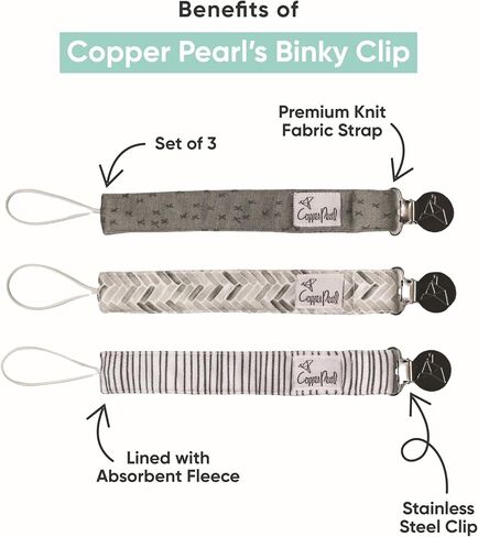 Copper Pearl Premium Knit Pacifier Clips 3-Pack: Stylish Stainless Steel Holders for Baby Girls and Boys - Prevents Floor Drops - Bloom Design in Kuwait