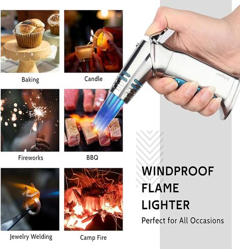 BRISPON Torch Lighter, Quad 4 Jet Flame Windproof Butane Lighter with Safety Lock Adjustable Refillable Lighter for Kitchen Grill BBQ Candle Camping (Butane NOT Included) (Gunmetal) in Kuwait