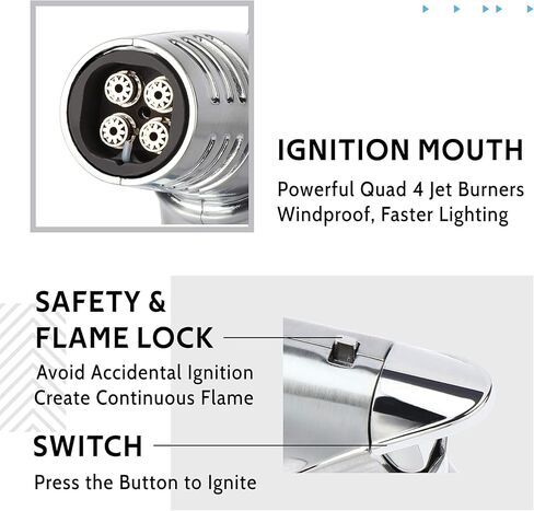 BRISPON Torch Lighter, Quad 4 Jet Flame Windproof Butane Lighter with Safety Lock Adjustable Refillable Lighter for Kitchen Grill BBQ Candle Camping (Butane NOT Included) (Gunmetal) in Kuwait