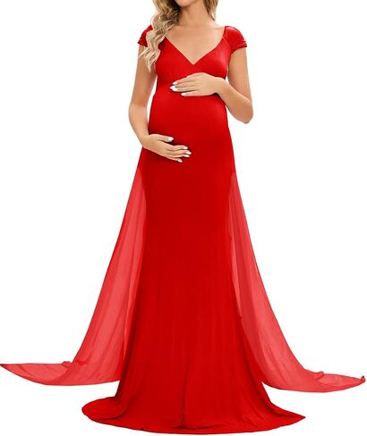 ZIUMUDY Maternity Fitted Gown Sleeveless Maxi Dress for Photoshoot Photography with Long Chiffon Train in Kuwait