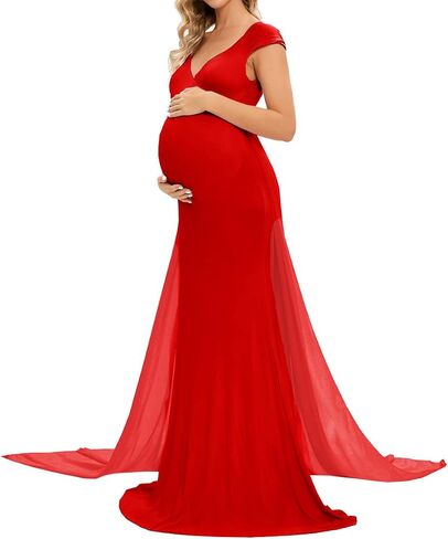 ZIUMUDY Maternity Fitted Gown Sleeveless Maxi Dress for Photoshoot Photography with Long Chiffon Train in Kuwait