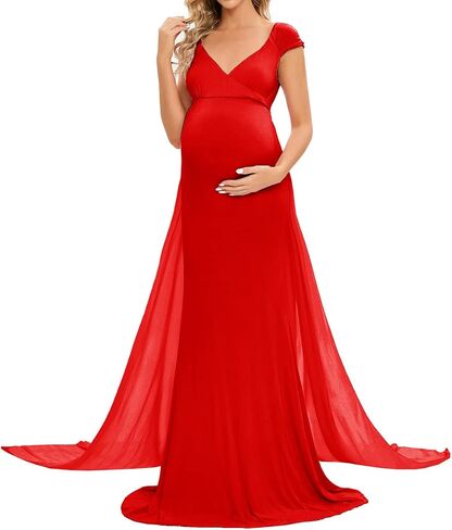 ZIUMUDY Maternity Fitted Gown Sleeveless Maxi Dress for Photoshoot Photography with Long Chiffon Train in Kuwait