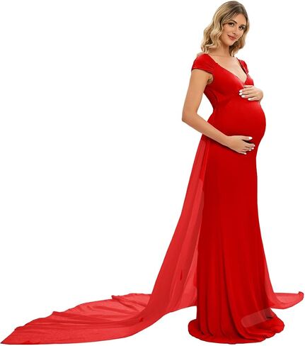 ZIUMUDY Maternity Fitted Gown Sleeveless Maxi Dress for Photoshoot Photography with Long Chiffon Train in Kuwait