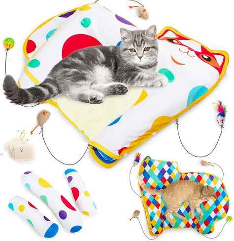 AWOOF Cat Mat, Cat Bed, Cat Blanket for Indoor Cats Activity Catnip Toys Cat Play Mat, Interactive Cat Toys for Indoor Cats, Cute Soft Crinkle Catnip Mat with Removable 3 Pillows & 4 Small Cat Toys in Kuwait