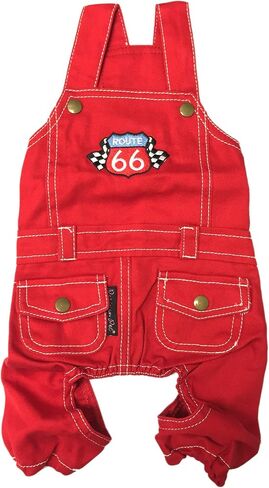 Parisian Pet Denim Overall - Embroidered “ Route 66 “ Red Dog Jumpsuit - Breathable Dog Costume - Machine Washable Dog Outfit - Dog Overalls for Small Dogs - S in Saudi Arabia
