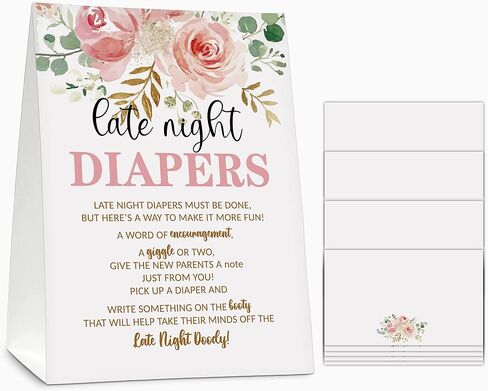 Late Night Diapers Sign, Greenery Floral Note Cards Diaper Thoughts, Late Night Diaper Baby Shower Game Set(1 Standing Sign + 20 Blank Greeting Cards), Blush Pink Baby Shower Party Favor Decor - A07 in Saudi Arabia
