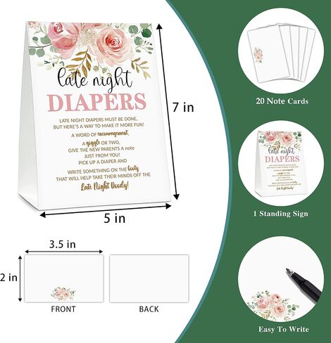 Late Night Diapers Sign, Greenery Floral Note Cards Diaper Thoughts, Late Night Diaper Baby Shower Game Set(1 Standing Sign + 20 Blank Greeting Cards), Blush Pink Baby Shower Party Favor Decor - A07 in Saudi Arabia