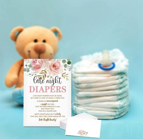 Late Night Diapers Sign, Greenery Floral Note Cards Diaper Thoughts, Late Night Diaper Baby Shower Game Set(1 Standing Sign + 20 Blank Greeting Cards), Blush Pink Baby Shower Party Favor Decor - A07 in Saudi Arabia