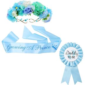TTCOROCK Growing a Prince Sash & Flower Crown & Daddy to be Button Pin Kit - Baby Shower Sash Prince Baby Boy Shower Baby Sprinkle (Blue) in Kuwait