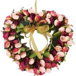 Heart-Shaped Garland Wreath Vintage Art Simulation Rose Flowers Wreath for Home Decoration Wedding Wine Red (14inch, Heart) in Kuwait