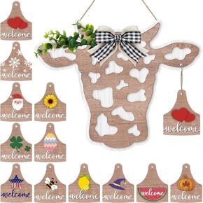 Maitys 13 Pcs Cow Head Door Wreath Sign Welcome Cow Door Hanger Rustic Wooden Cow Decor Hanging Farmhouse Cow Decorations with Buffalo Plaid Bow Artificial Leaves for Front Door (Calf Head Shape)