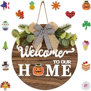 Interchangeable Seasonal Welcome Sign Front Door Decor– 30cm diameter Wooden welcome to our home wreath for home decor and Magnetic Interchangeable Icons, Suitable for all Occasions in Saudi Arabia