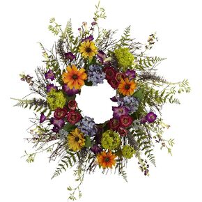 Nearly Natural 24-Inch Spring Garden Wreath with Twig Base, Multicolored/Green