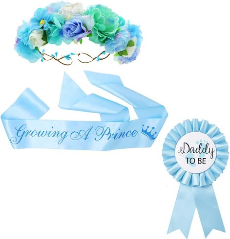 TTCOROCK Growing a Prince Sash & Flower Crown & Daddy to be Button Pin Kit - Baby Shower Sash Prince Baby Boy Shower Baby Sprinkle (Blue) in Kuwait