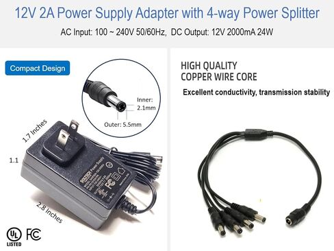 [UL Listed] 12V 2A AC Adapter with 4-Way Power Splitter for CCTV Security Cameras, Regulated 12Volts 2000mA 24W AC DC Universal Power Supply Cord for Samsung Wisenet Night Owl Lorex Q-See Swann in Kuwait