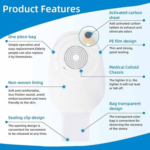 10 قطع من اكياس فغر القولون، لوازم فغر القولون، اكياس من قطعة واحدة قابلة للتصريف مع مشبك اغلاق للعناية بالفغر اللفائفي، مقصوصة لتناسب الجسم، عبوة مع صندوق. (مع الكربون المنشط) in Kuwait