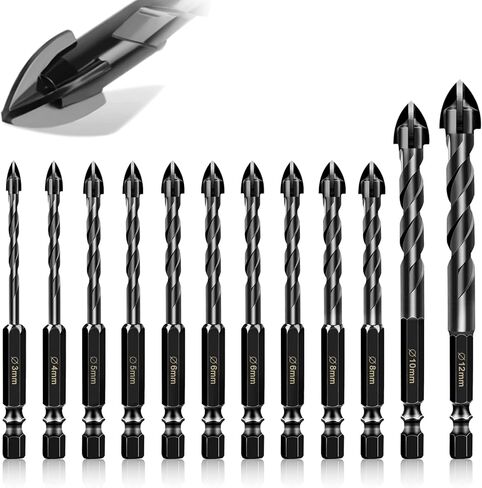 طقم رؤوس مثقاب البناء 12 قطعة، مجموعة رؤوس مثقاب خرسانية لبلاط السيراميك والطوب والزجاج والبلاستيك والخشب، رأس كربيد التنجستن للعمل مع مرآة حائط، رصف على الخرسانة أو جدار الطوب (4 5 6 8 10 12 مم) in Kuwait