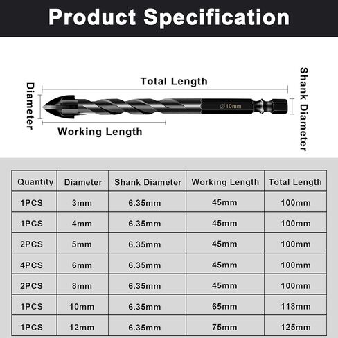 طقم رؤوس مثقاب البناء 12 قطعة، مجموعة رؤوس مثقاب خرسانية لبلاط السيراميك والطوب والزجاج والبلاستيك والخشب، رأس كربيد التنجستن للعمل مع مرآة حائط، رصف على الخرسانة أو جدار الطوب (4 5 6 8 10 12 مم) in Kuwait
