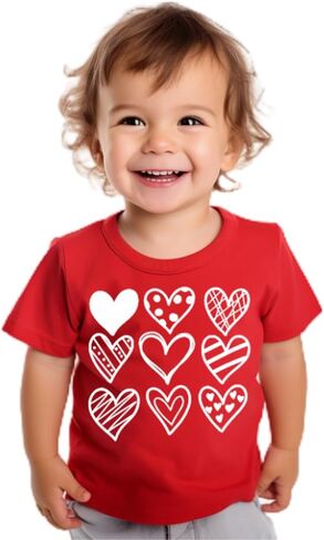 تي شيرت للأطفال الصغار البنات والأولاد لعيد الحب على شكل قلب، بأكمام قصيرة من القطن، 4T-1T in Kuwait