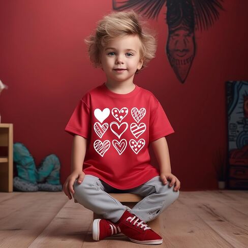 تي شيرت للأطفال الصغار البنات والأولاد لعيد الحب على شكل قلب، بأكمام قصيرة من القطن، 4T-1T in Kuwait