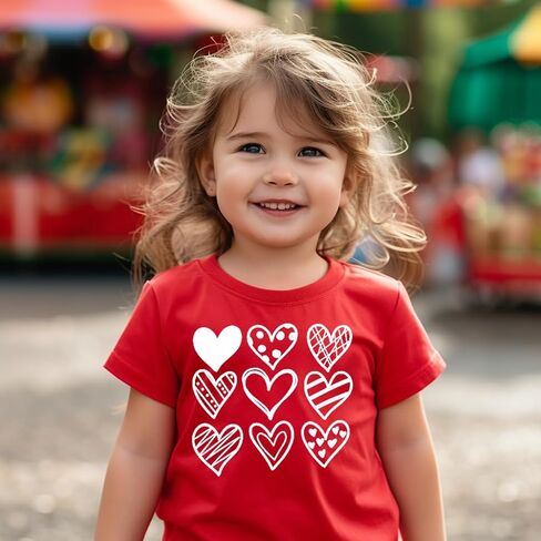 تي شيرت للأطفال الصغار البنات والأولاد لعيد الحب على شكل قلب، بأكمام قصيرة من القطن، 4T-1T in Kuwait