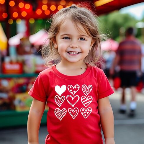 تي شيرت للأطفال الصغار البنات والأولاد لعيد الحب على شكل قلب، بأكمام قصيرة من القطن، 4T-1T in Kuwait