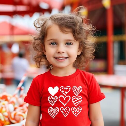 تي شيرت للأطفال الصغار البنات والأولاد لعيد الحب على شكل قلب، بأكمام قصيرة من القطن، 4T-1T in Kuwait