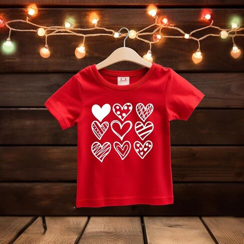 تي شيرت للأطفال الصغار البنات والأولاد لعيد الحب على شكل قلب، بأكمام قصيرة من القطن، 4T-1T in Kuwait