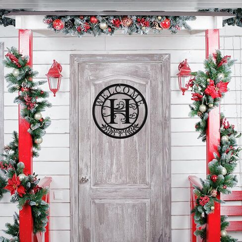 CINPIUK Initial Welcome Sign, 12 Inch Metal Monogrammed Sign Farmhouse Front Door Porch Sign Wall Art Decor, Monogram Gift Rustic Welcome Wreath Hanging Ornament for Indoor Outdoor, L in Saudi Arabia