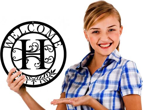 CINPIUK Initial Welcome Sign, 12 Inch Metal Monogrammed Sign Farmhouse Front Door Porch Sign Wall Art Decor, Monogram Gift Rustic Welcome Wreath Hanging Ornament for Indoor Outdoor, L in Saudi Arabia