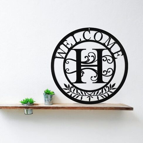 CINPIUK Initial Welcome Sign, 12 Inch Metal Monogrammed Sign Farmhouse Front Door Porch Sign Wall Art Decor, Monogram Gift Rustic Welcome Wreath Hanging Ornament for Indoor Outdoor, L in Saudi Arabia