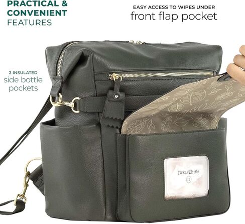 حقيبة ظهر TWELVElittle Peek A Boo للحفاضات قابلة للتحويل مع وسادة تغيير وحقيبة مناديل ومشابك لعربة الأطفال، جلد نباتي in Kuwait