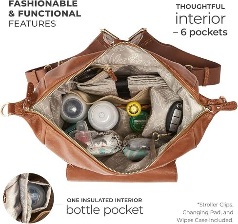 حقيبة ظهر TWELVElittle Peek A Boo للحفاضات قابلة للتحويل مع وسادة تغيير وحقيبة مناديل ومشابك لعربة الأطفال، جلد نباتي in Kuwait