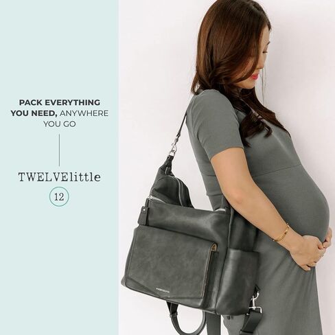 حقيبة ظهر TWELVElittle Peek A Boo للحفاضات قابلة للتحويل مع وسادة تغيير وحقيبة مناديل ومشابك لعربة الأطفال، جلد نباتي in Kuwait