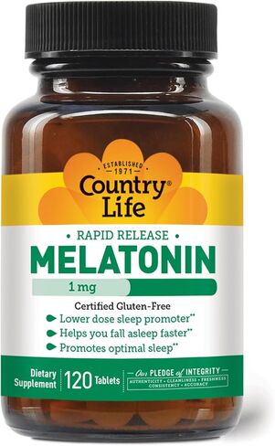 Country Life Melatonin, Promotes Optimal Sleep, 1mg, 120 Tablets, Certified Gluten Free, Certified Vegan, Non-GMO Verified in Kuwait