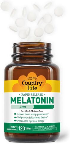 Country Life Melatonin, Promotes Optimal Sleep, 1mg, 120 Tablets, Certified Gluten Free, Certified Vegan, Non-GMO Verified in Kuwait