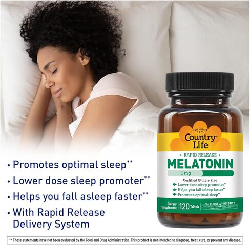 Country Life Melatonin, Promotes Optimal Sleep, 1mg, 120 Tablets, Certified Gluten Free, Certified Vegan, Non-GMO Verified in Kuwait