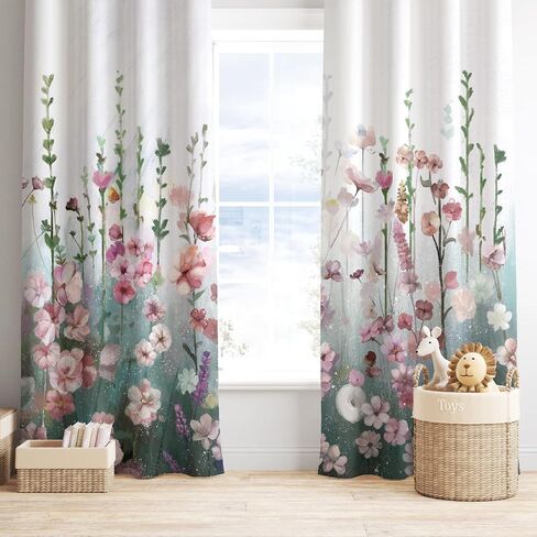 jewement Blackout Ink-wash Scenery Curtains for Bedroom and Living Room,2 Panels Pink Flowers in Clusters Curtains for Room,Tapestry Curtains(Cute Green and Pink) (Pink) in Saudi Arabia