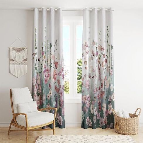 jewement Blackout Ink-wash Scenery Curtains for Bedroom and Living Room,2 Panels Pink Flowers in Clusters Curtains for Room,Tapestry Curtains(Cute Green and Pink) (Pink) in Saudi Arabia