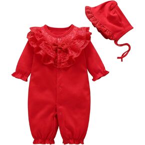 amropi Baby Girls Cotton Romper Lace Collar Jumpsuits Long Sleeve Coveralls with Hat 2 Pieces for 0-18 Months in Saudi Arabia