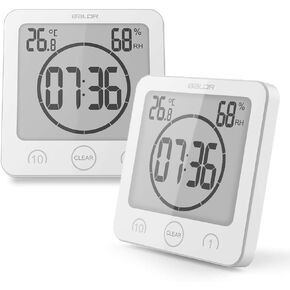BALDR LCD Waterproof Timer Shower Clock, Bathroom Clock, Wall Clock Battery Operated, Wall Mounted Clock, LCD Clock with Time, Temperature, and Indoor Relative Humidity (Pack of 2, Black & White) in Kuwait