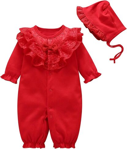 amropi Baby Girls Cotton Romper Lace Collar Jumpsuits Long Sleeve Coveralls with Hat 2 Pieces for 0-18 Months in Saudi Arabia