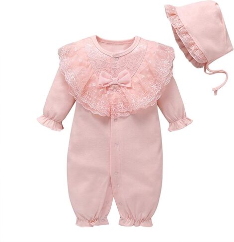 amropi Baby Girls Cotton Romper Lace Collar Jumpsuits Long Sleeve Coveralls with Hat 2 Pieces for 0-18 Months in Saudi Arabia