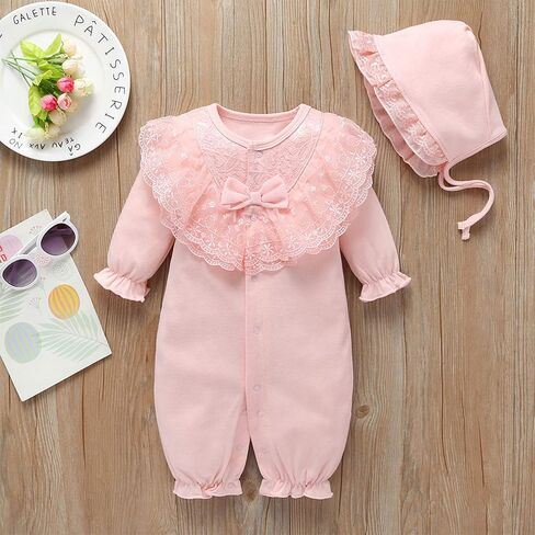 amropi Baby Girls Cotton Romper Lace Collar Jumpsuits Long Sleeve Coveralls with Hat 2 Pieces for 0-18 Months in Saudi Arabia