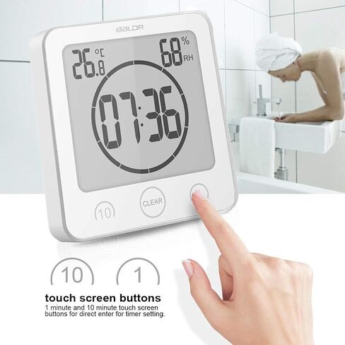 baldr LCD ساعة دش مؤقت مقاومة للماء، ساعة حمام، ساعة حائط تعمل بالبطارية، ساعة مثبتة على الحائط، ساعة LCD مع الوقت ودرجة الحرارة والرطوبة النسبية الداخلية (حزمة من 2، أسود وأبيض) in Kuwait