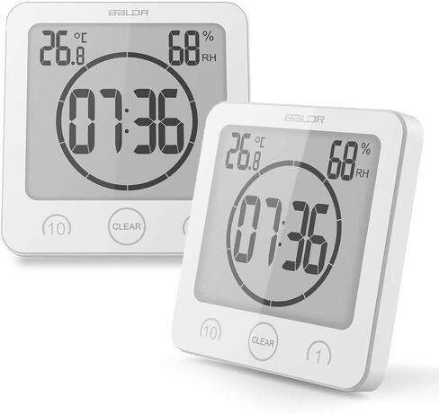 baldr LCD ساعة دش مؤقت مقاومة للماء، ساعة حمام، ساعة حائط تعمل بالبطارية، ساعة مثبتة على الحائط، ساعة LCD مع الوقت ودرجة الحرارة والرطوبة النسبية الداخلية (حزمة من 2، أسود وأبيض) in Kuwait