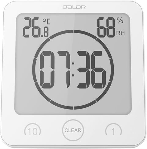 baldr LCD ساعة دش مؤقت مقاومة للماء، ساعة حمام، ساعة حائط تعمل بالبطارية، ساعة مثبتة على الحائط، ساعة LCD مع الوقت ودرجة الحرارة والرطوبة النسبية الداخلية (حزمة من 2، أسود وأبيض) in Kuwait